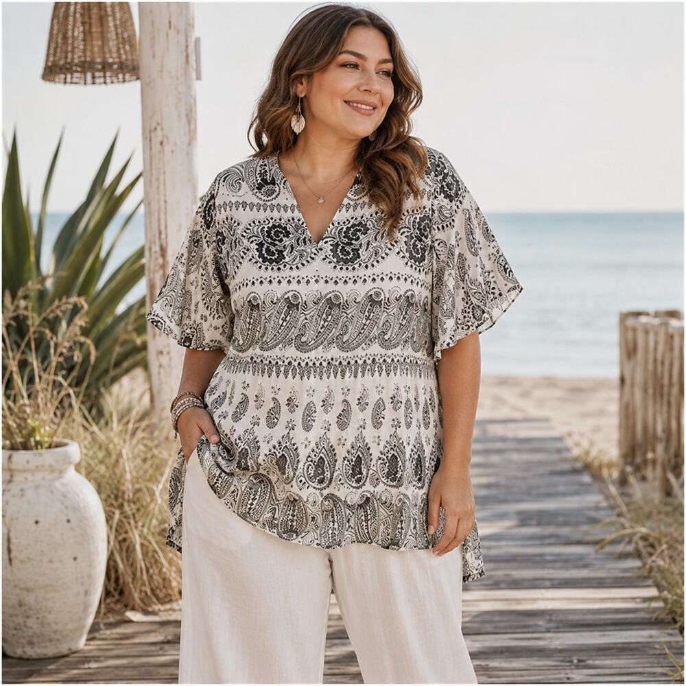 Marybelle Boho Paisley Womens Top Sz 2X Cottagecore USA Chiffon Flowy Tie Back